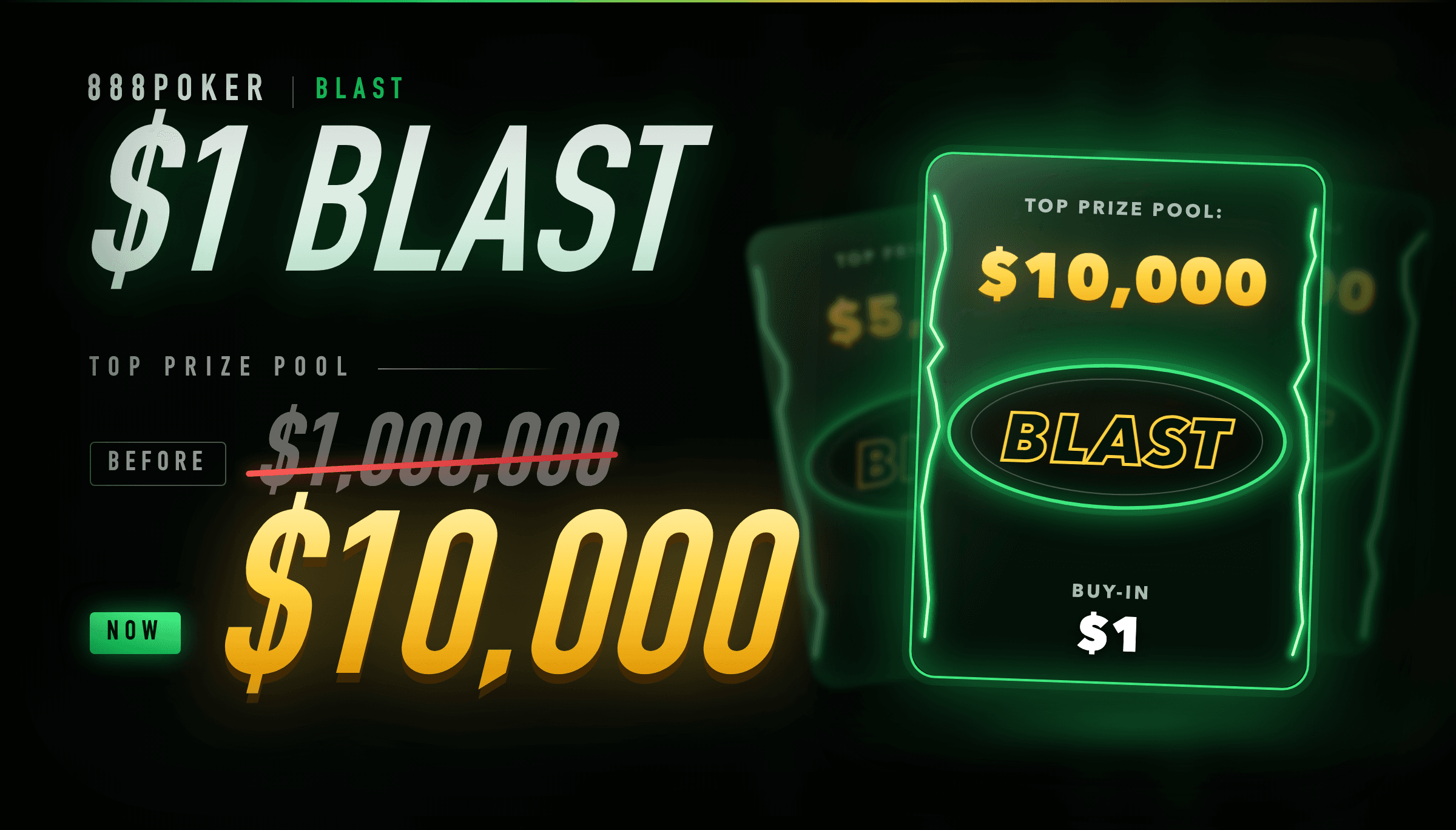 888poker $1 BLAST top prize pool Cover graphic showing the 888poker $1 BLAST top prize pool dropping from $1,000,000 to $10,000