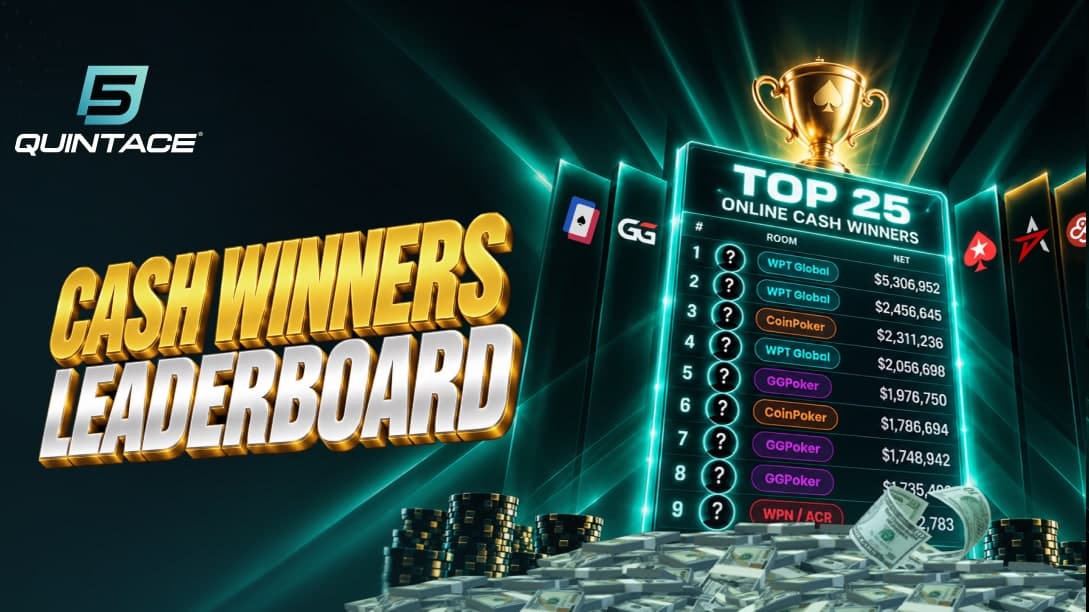 Online NLHE Cash Winners Leaderboard Cash Winners Leaderboard graphic from QuintAce showing the top 25 online cash winners, with WPT Global players at ranks 1, 2 and 4